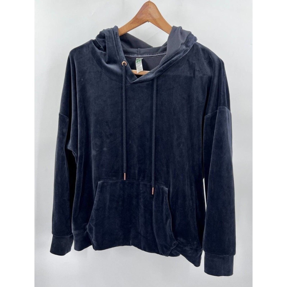 Green Tea Womens XL Velour Hoodie Sweatshirt Kangaroo Pocket Cozy Grey/Black